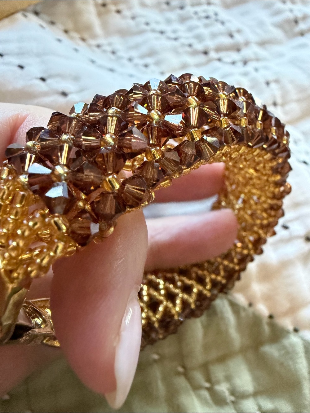 Vintage Smoky Topaz Crystal Beaded Cuff Bracelet Gold Tone Woven Statement Retro